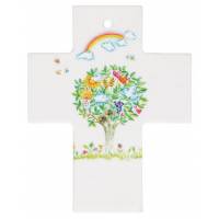 Croix murale Porcelaine 7 x 9 cm Arbre de vie en couleur