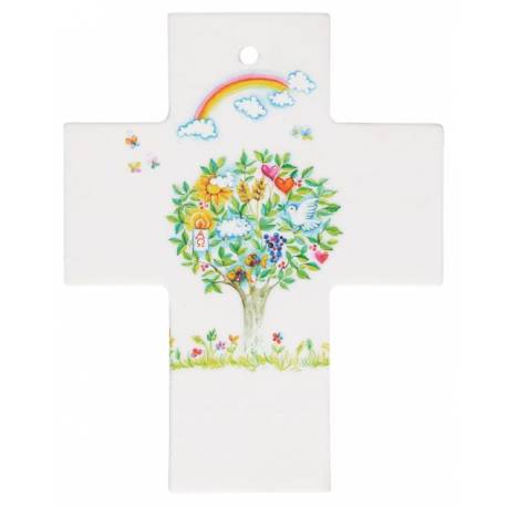 Croix murale Porcelaine 7 x 9 cm Arbre de vie en couleur