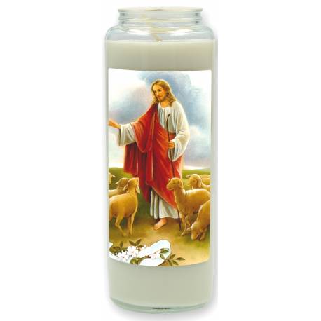 Noveenkaars in glas / wit / De goede Herder 