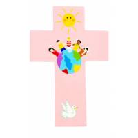 Croix murale enfants du monde en rose 20 cm