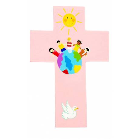 Croix murale enfants du monde en rose 20 cm