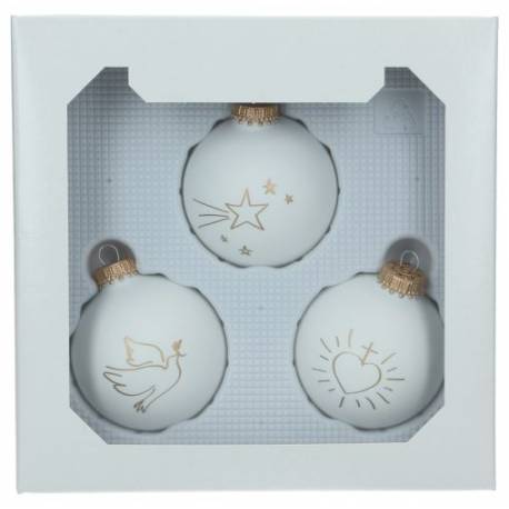 Set van 3 kerstbollen - Symbolen Gouden bedrukking - Diam 7 cm 