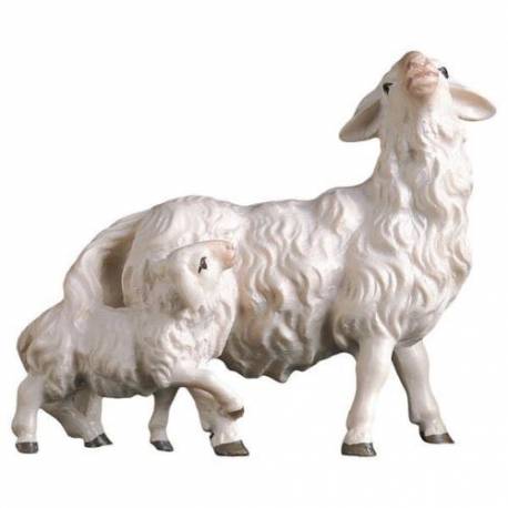 Houtsnijwerk Schaap Met Lam voor kerstfiguren van 10 cm/Gekleurd 