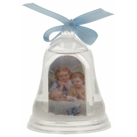 Cloche - Boule de neige - 2 anges et enfant - Bleu