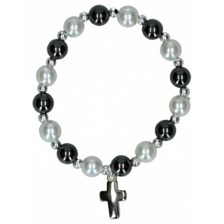 Armband op elastiek Hematiet / Wit 
