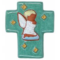 Croix Céramique - 12 X 10 cm - Ange Priant Gauche Vert Prasin