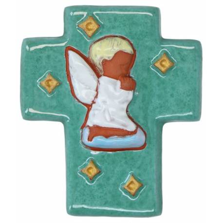 Croix Céramique - 12 X 10 cm - Ange Priant Gauche Vert Prasin
