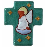 Kruisje Keramiek 12 X 10 Cm Wit / Biddende Engel Rechts Prasin groen 