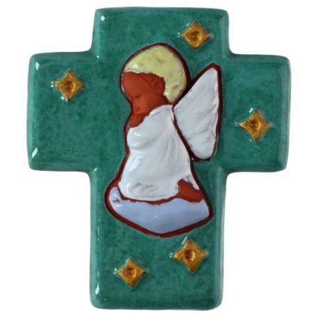 Kruisje Keramiek 12 X 10 Cm Wit / Biddende Engel Rechts Prasin groen 