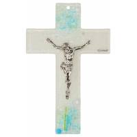 Croix Murale turquoise en verre 16 cm