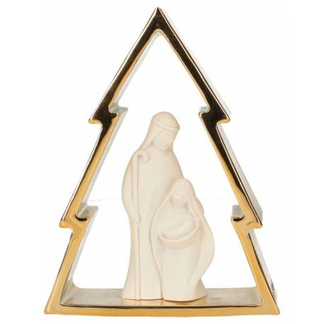 Nativité en résine blanche dans un sapin doré (12x16 cm)