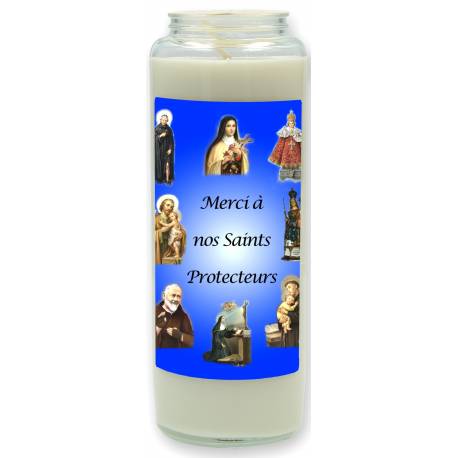 Noveenkaars in glas / wit / Merci à nos Saints Protecteurs 