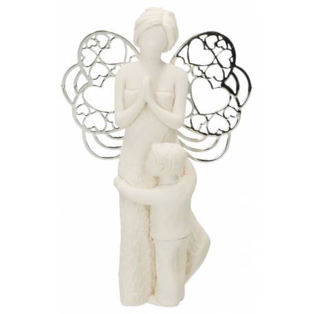 Ange en résine avec ailes métalliques et petite garçon 7,5 x 12 cm