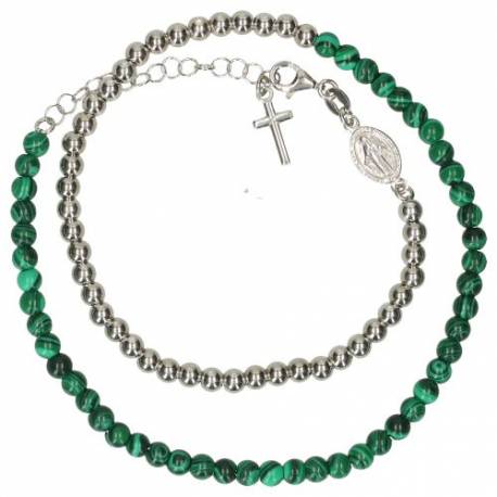 Zilver en malachite dubbele armband met wonderbare medaille en kruis 