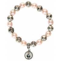 Armband op elastiek Roze kralen + Verzilverde roosjes 