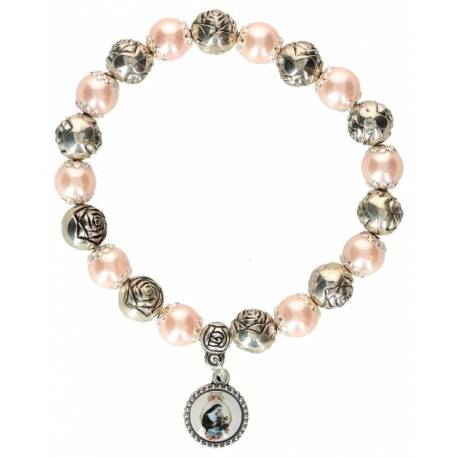 Armband op elastiek Roze kralen + Verzilverde roosjes 
