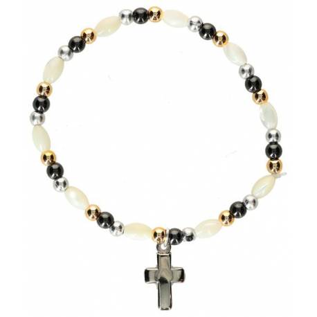 Armband op elastiek parelmoer + hematiet + kruisje metaal 