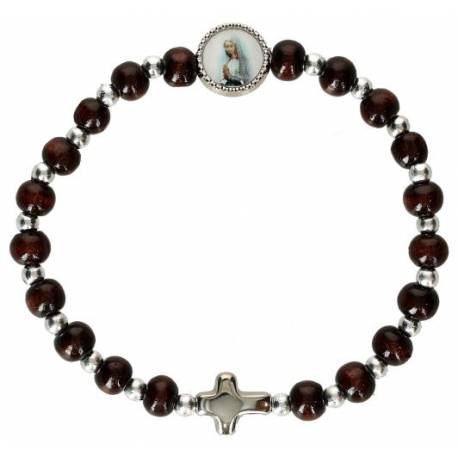 Armband op elastiek Hout donkerbruin + Verzilverde parels 