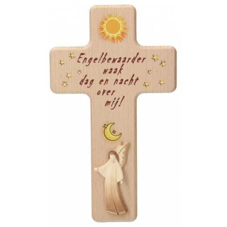 Croix en bois sculpté - 20 cm - 2 tons bois - Mon ange gardien