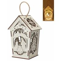 Lanterne blanche en bois 17 cm avec crèche de Noël + lumière