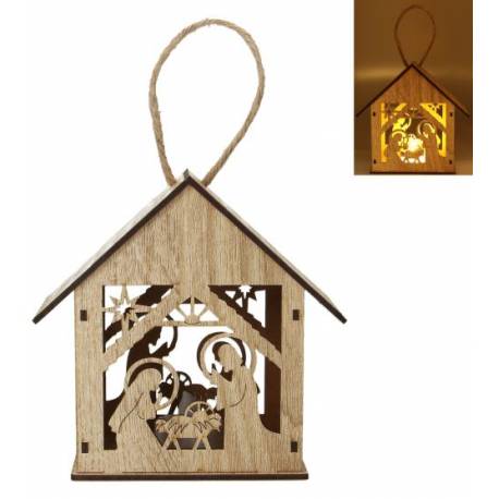 Lanterne en bois 16cm avec crèche de Noël + lumière