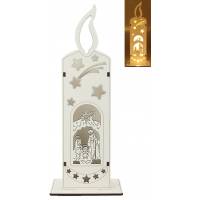 Bougie blanche en bois avec crèche de Noël + lumière 23 cm