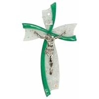 Croix murale en verre 16 cm blanc et vert avec Christ argenté