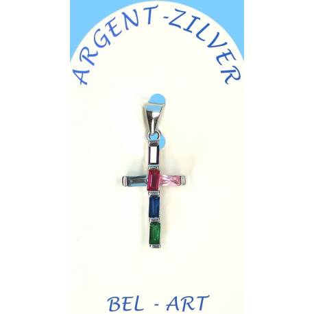 Zilver kruis hanger met veelkleurig zirkonen 20 x10 mm 