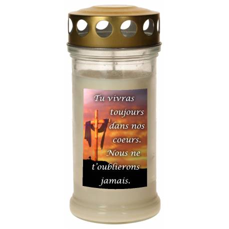 Veilleuse de cimetière en verre avec couvercle doré - Blanc - Nous ne t'oublierons jamais - 10 pièces / carton