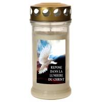 Veilleuse de cimetière en verre avec couvercle doré - Blanc - Colombe + Texte français - 10 pièces / carton