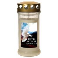 Veilleuse de cimetière en verre avec couvercle doré - Blanc - Colombe + Texte néerlandais - 10 pièces / carton