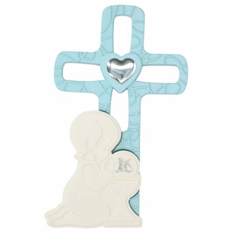 Communiekruisje op voet blauwe 9x16 cm 