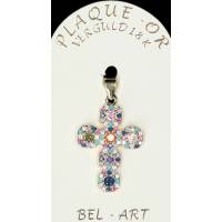 Croix plaqué or avec strass multicouleurs 24 x 15 mm