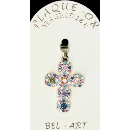 Croix plaqué or avec strass multicouleurs 24 x 15 mm