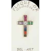 Croix plaqué or avec strass multicouleurs 25 x 15 mm