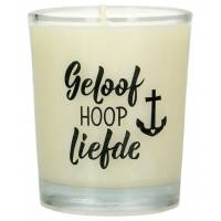 Kaarsje in glas 65 x 50 mm Geloof Hoop Liefde 