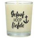 Kaarsje in glas 65 x 50 mm Geloof Hoop Liefde 