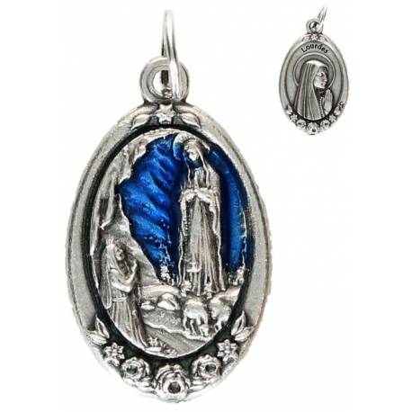 Médaille 21 mm OV App. Lourdes - Métal argenté + émail bleu