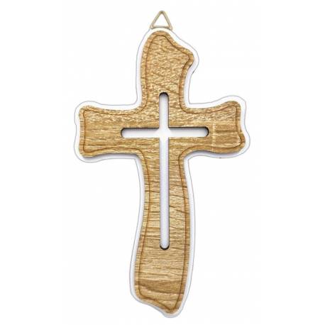 Croix murale - 23 cm - Bois bruin et blanc