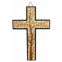 Croix murale moderne avec arbre de vie - 23 cm - Bois et finition noire