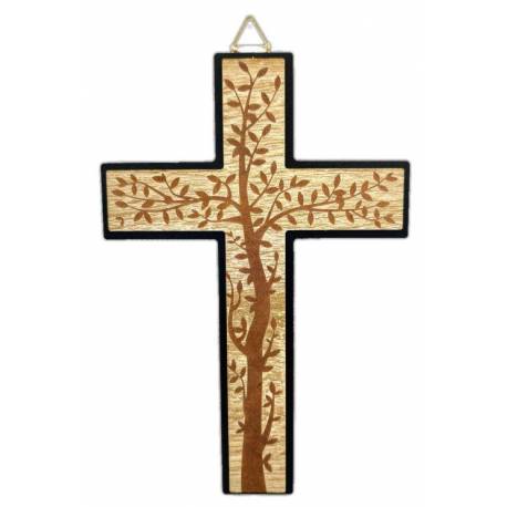 Croix murale moderne avec arbre de vie - 23 cm - Bois et finition noire