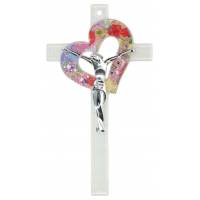 Kruisbeeld hart in glas + Zilver Christus 16 cm 