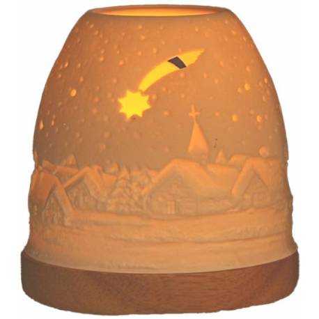 Photophore de Noël en porcelaine avec base en bois Paysage enneigé