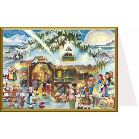 Dubbele traditionele kerstkaart met kerststal + envelop 