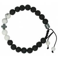 Mannenarmband met halfedelstenen met kruis en lavasteen/ howliet 