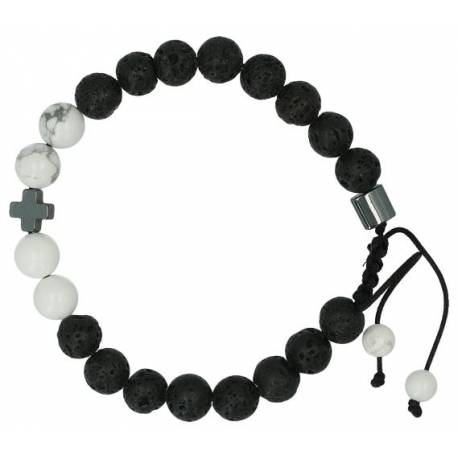 Bracelet homme avec croix et pierre de lave/ howlite