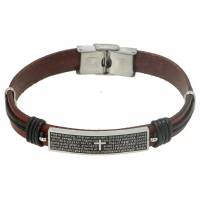 Bracelet homme en cuire brun avec "Notre Père" acier