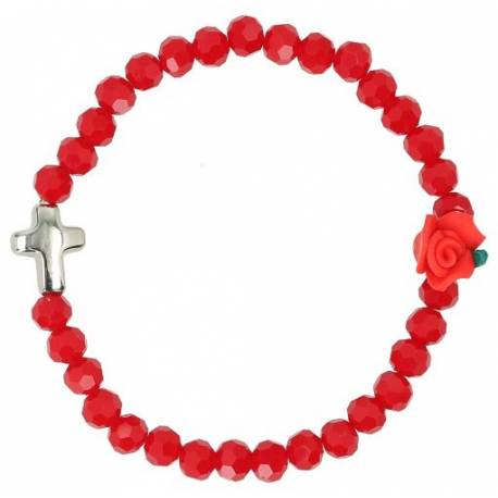 Armband op elastiek Rood + Roos + Kruisje metaal 