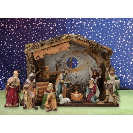 Crèche de Noël : cabane + 11 personnages de 12 cm (33x18x24cm)