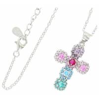 Kruisje in zilver met rhodium + veelkleurige zirkonen 24 x 16 mm + ketting 